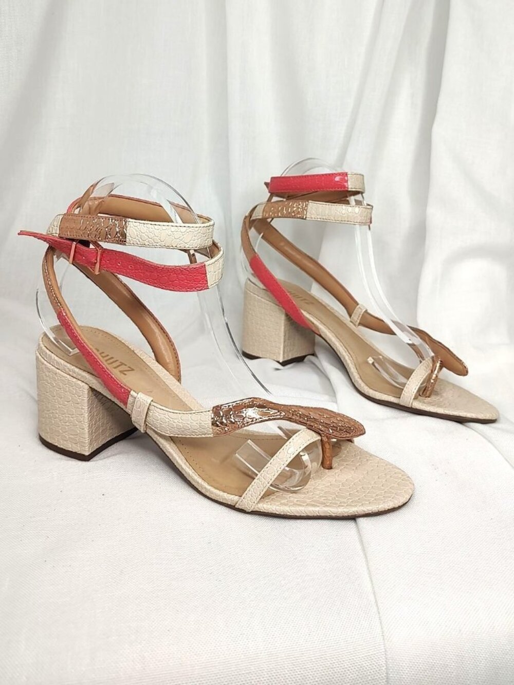 Schutz Cleo Snake Block Heel Sandals Metallic Gold Pink Ivory 10 - Picture 5 of 16